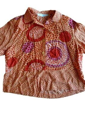 Vintage Illyse Hart Button Up‎ Shirt Women's Small Orange Colorful Art Rayon